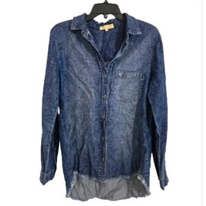 Side Stitch Denim Shirt Women's Size Small Button-Up Frilled Western Baggy